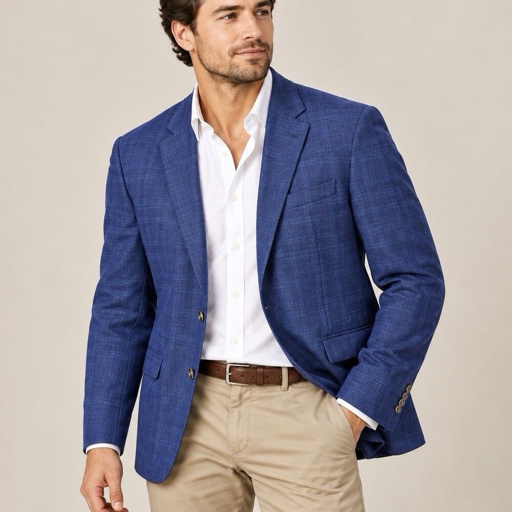 Jos A Bank 1905 Blazer 48R Blue Plaid Wool brrr Comfort Tailored Fit Sport Coat